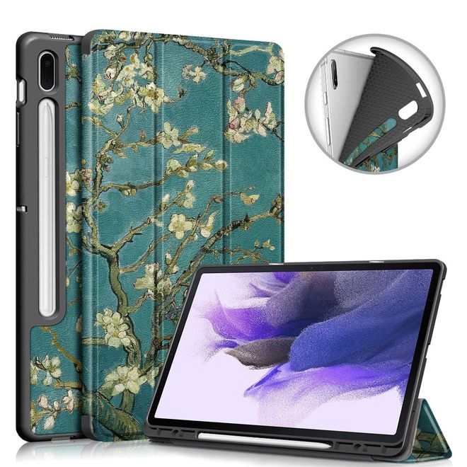 Samsung Galaxy Tab S7 FE Hülle - Dreifach faltbares Case aus Leder - Baum mit Blüten