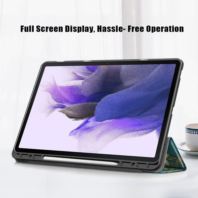 Samsung Galaxy Tab S7 FE Hülle - Dreifach faltbares Case aus Leder - Baum mit Blüten