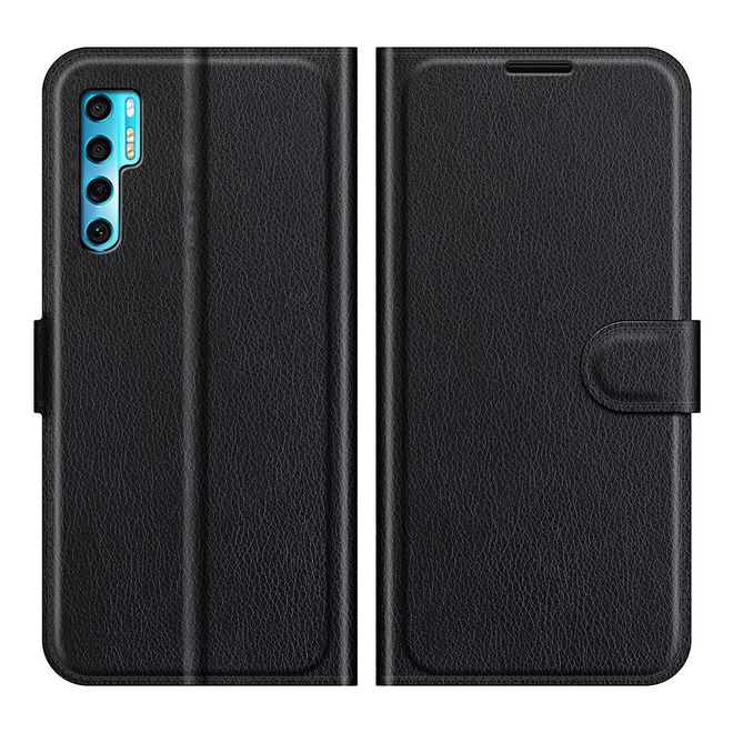 TCL 20 Pro 5G Handy Hülle - Litchi Leder Bookcover Series - schwarz