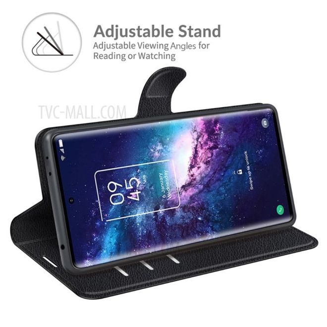 TCL 20 Pro 5G Handy Hülle - Litchi Leder Bookcover Series - schwarz