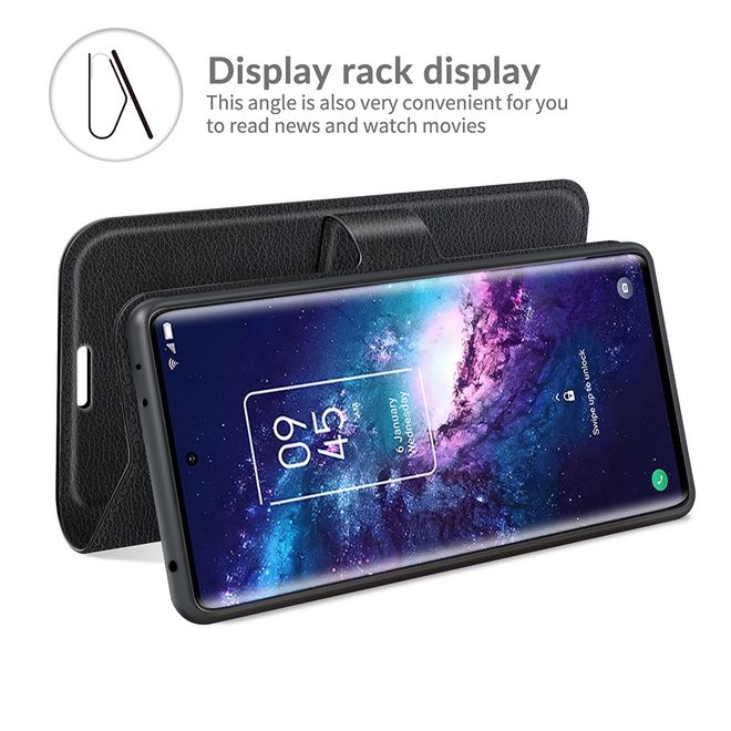 TCL 20 Pro 5G Handy Hülle - Litchi Leder Bookcover Series - schwarz