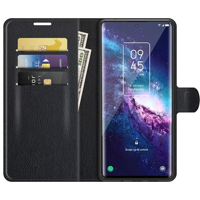 TCL 20 Pro 5G Handy Hülle - Litchi Leder Bookcover Series - schwarz