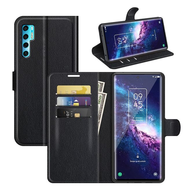 TCL 20 Pro 5G Handy Hülle - Litchi Leder Bookcover Series - schwarz