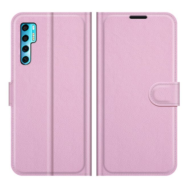 TCL 20 Pro 5G Handy Hülle - Litchi Leder Bookcover Series - rosa