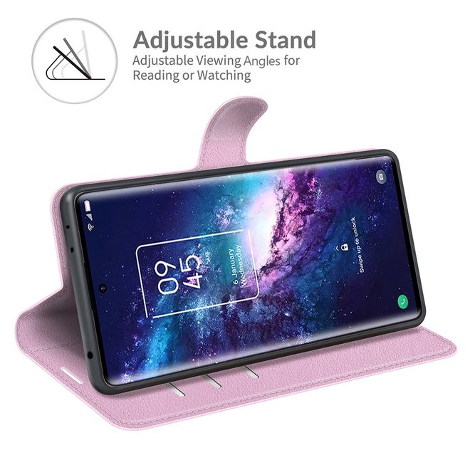 TCL 20 Pro 5G Handy Hülle - Litchi Leder Bookcover Series - rosa