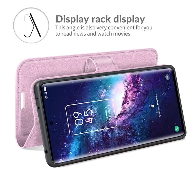 TCL 20 Pro 5G Handy Hülle - Litchi Leder Bookcover Series - rosa