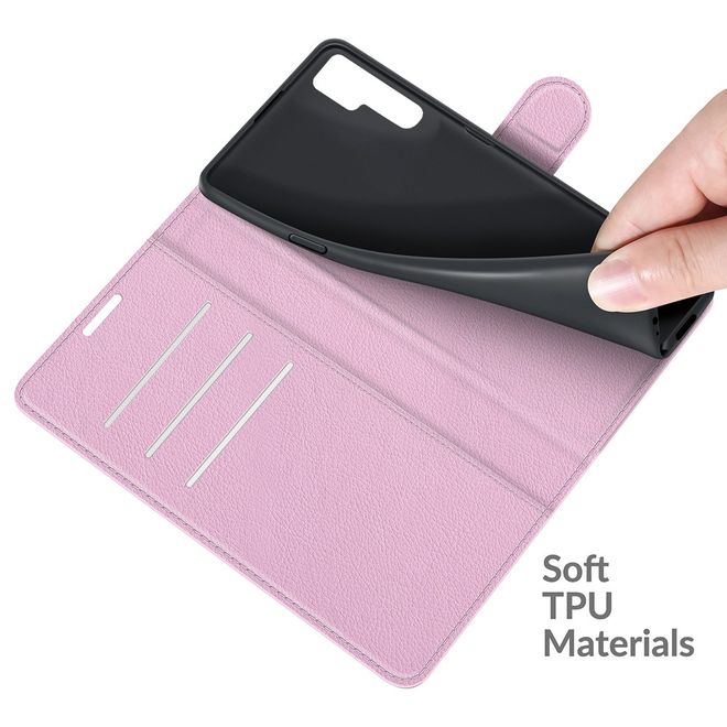TCL 20 Pro 5G Handy Hülle - Litchi Leder Bookcover Series - rosa