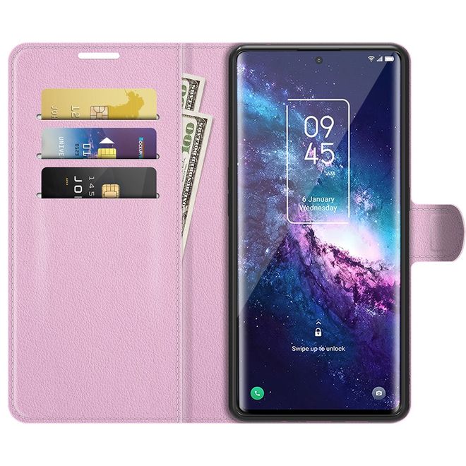 TCL 20 Pro 5G Handy Hülle - Litchi Leder Bookcover Series - rosa