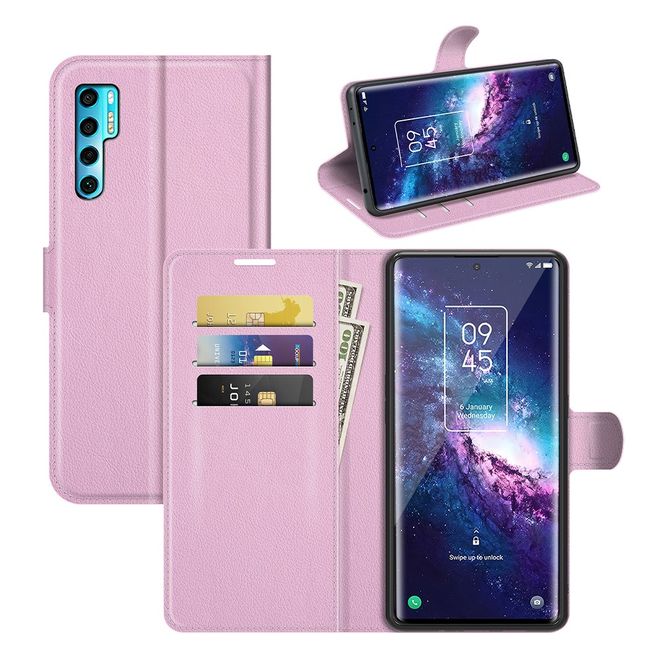 TCL 20 Pro 5G Handy Hülle - Litchi Leder Bookcover Series - rosa