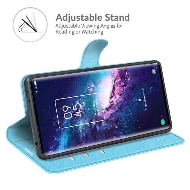 TCL 20 Pro 5G Handy Hülle - Litchi Leder Bookcover Series - blau