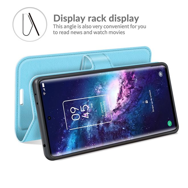 TCL 20 Pro 5G Handy Hülle - Litchi Leder Bookcover Series - blau