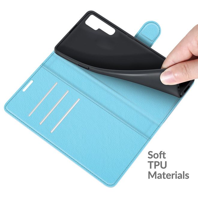 TCL 20 Pro 5G Handy Hülle - Litchi Leder Bookcover Series - blau