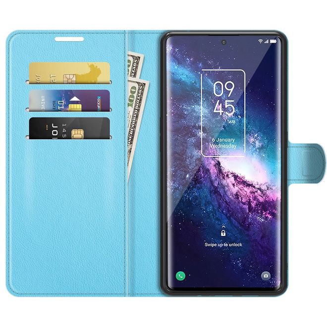 TCL 20 Pro 5G Handy Hülle - Litchi Leder Bookcover Series - blau