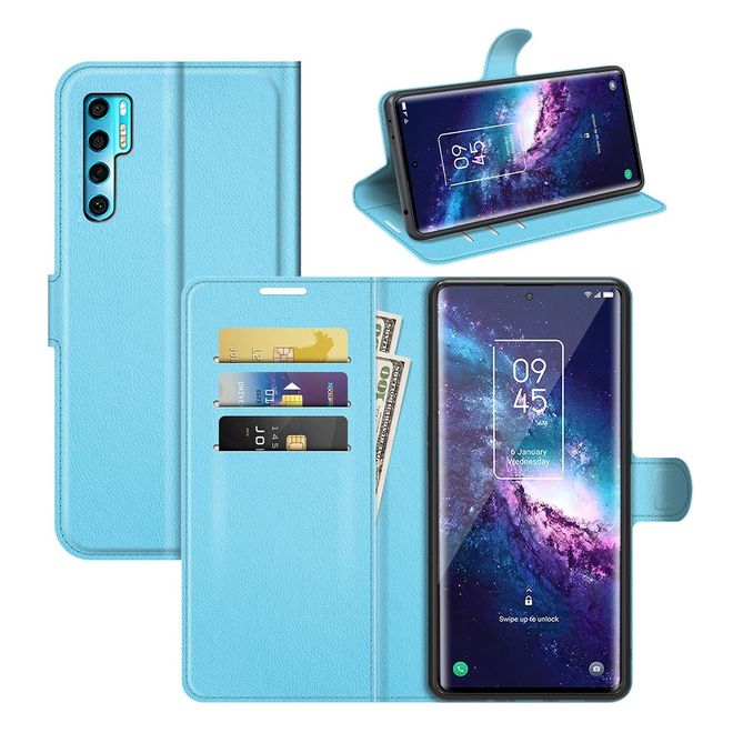 TCL 20 Pro 5G Handy Hülle - Litchi Leder Bookcover Series - blau