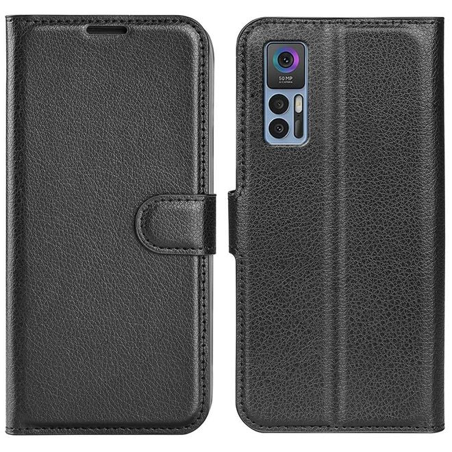 TCL 30 4G / 5G Handy Hülle - Litchi Leder Bookcover Series - schwarz