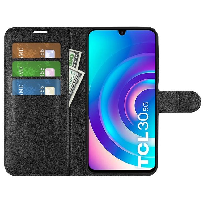 TCL 30 4G / 5G Handy Hülle - Litchi Leder Bookcover Series - schwarz