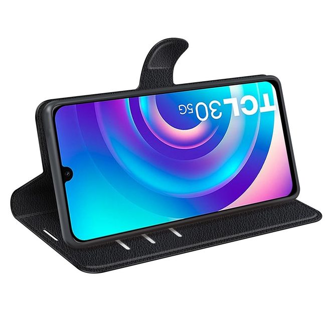 TCL 30 4G / 5G Handy Hülle - Litchi Leder Bookcover Series - schwarz