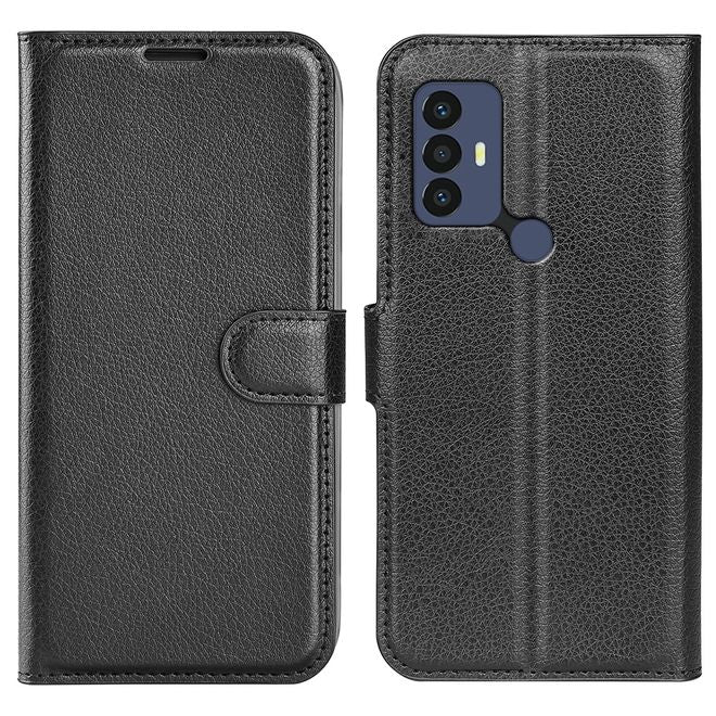 TCL 30E Handy Hülle - Litchi Leder Bookcover Series - schwarz