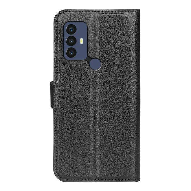 TCL 30E Handy Hülle - Litchi Leder Bookcover Series - schwarz