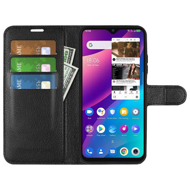 TCL 30E Handy Hülle - Litchi Leder Bookcover Series - schwarz
