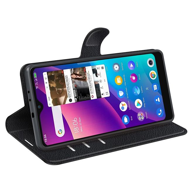 TCL 30E Handy Hülle - Litchi Leder Bookcover Series - schwarz