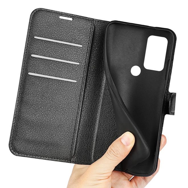 TCL 30E Handy Hülle - Litchi Leder Bookcover Series - schwarz