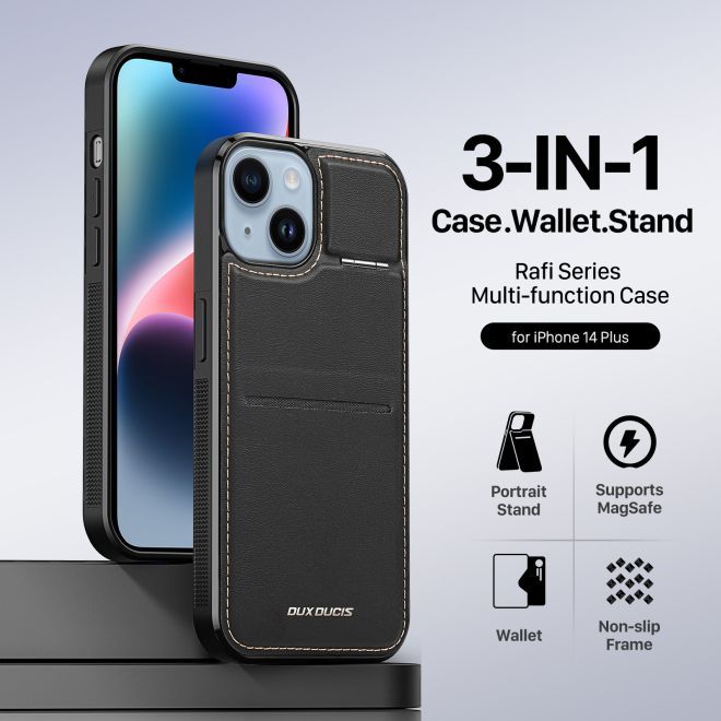 Dux Ducis - iPhone 14 Plus Hülle - Leder Hardcase - MagSafe - Standfunktion + Kartenfach - Rafi Series - schwarz