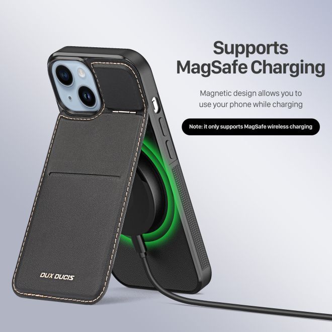 Dux Ducis - iPhone 14 Plus Hülle - Leder Hardcase - MagSafe - Standfunktion + Kartenfach - Rafi Series - schwarz