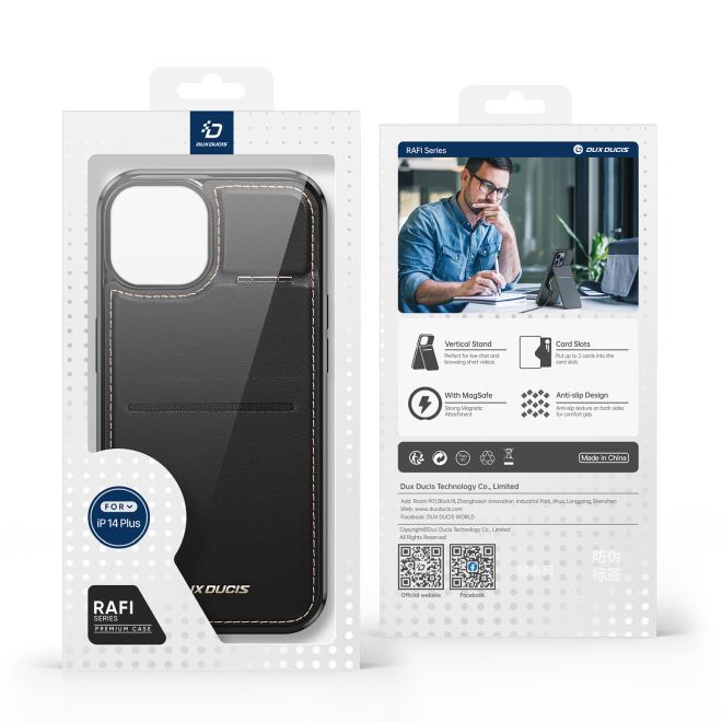Dux Ducis - iPhone 14 Plus Hülle - Leder Hardcase - MagSafe - Standfunktion + Kartenfach - Rafi Series - schwarz