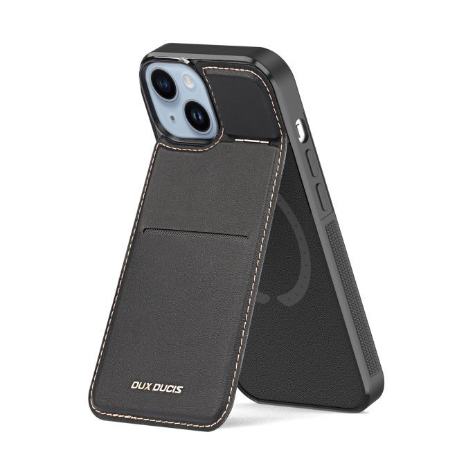 Dux Ducis - iPhone 15 Plus Hülle - Leder Hardcase - MagSafe - Standfunktion + Kartenfach - Rafi Series - schwarz