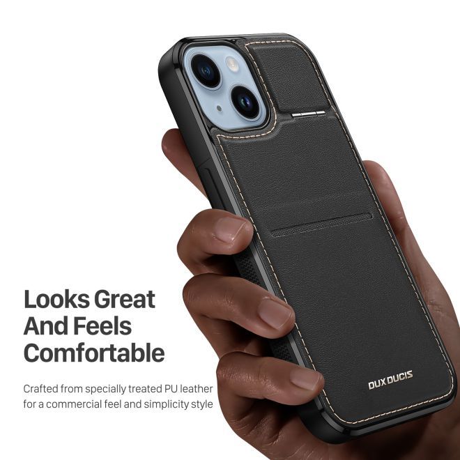 Dux Ducis - iPhone 15 Plus Hülle - Leder Hardcase - MagSafe - Standfunktion + Kartenfach - Rafi Series - schwarz