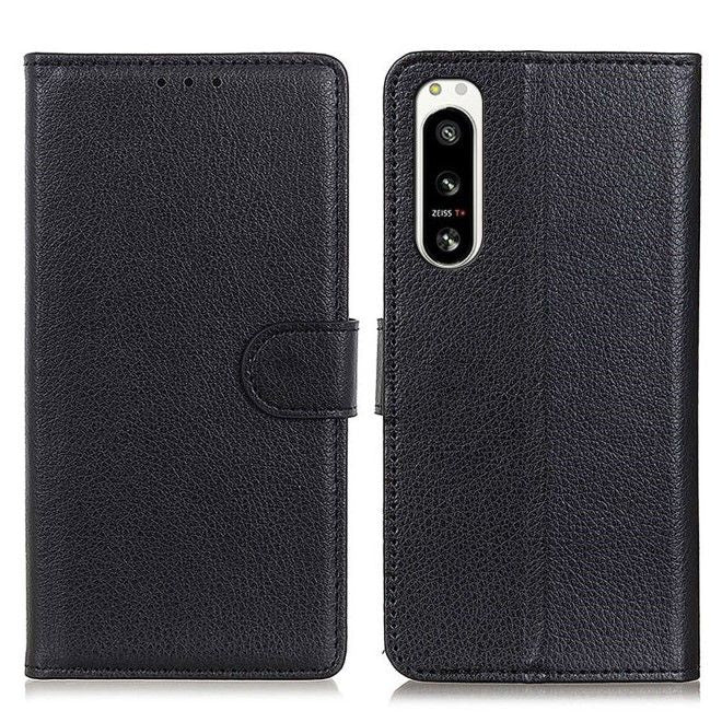 Sony Xperia 5 IV 5G Handy Hülle - Litchi Leder Bookcover Series - schwarz