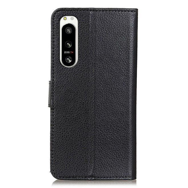 Sony Xperia 5 IV 5G Handy Hülle - Litchi Leder Bookcover Series - schwarz