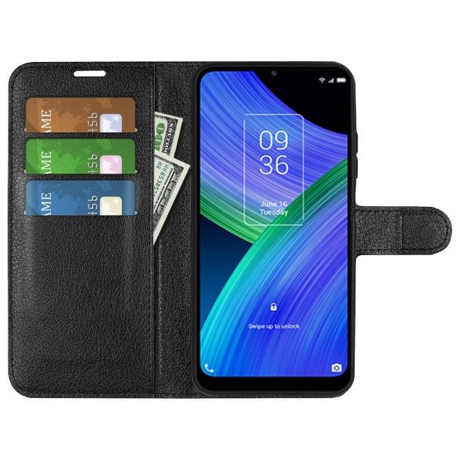 TCL 20 R 5G Handy Hülle - Litchi Leder Bookcover Series - schwarz