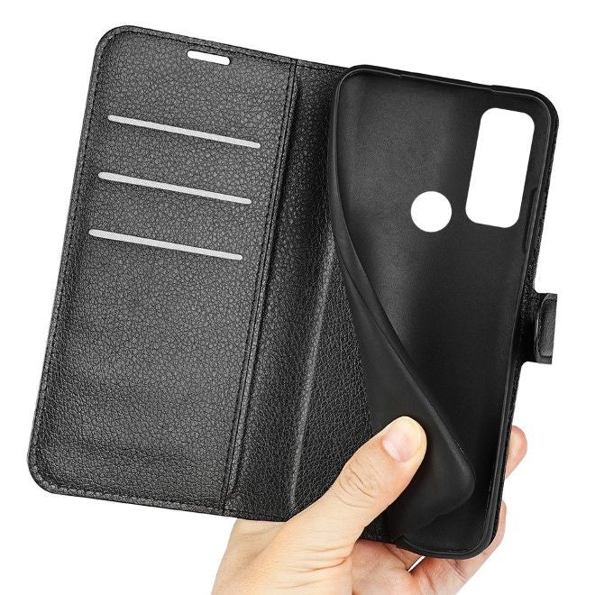 TCL 20 R 5G Handy Hülle - Litchi Leder Bookcover Series - schwarz