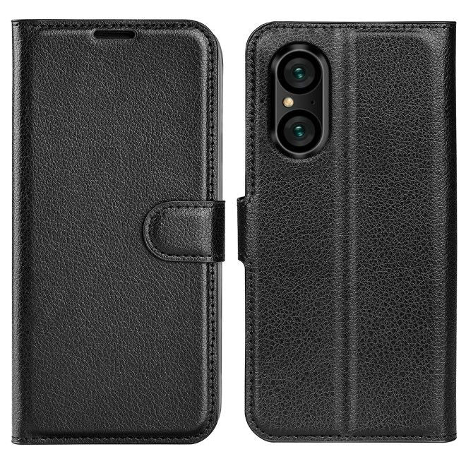 Sony Xperia 5 V Handy Hülle - Litchi Leder Bookcover Series - schwarz