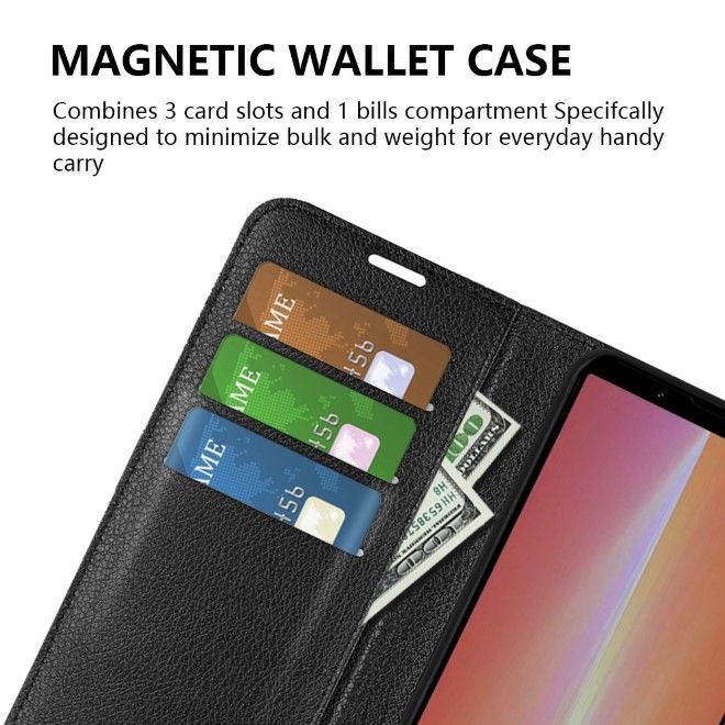 Sony Xperia 5 V Handy Hülle - Litchi Leder Bookcover Series - schwarz