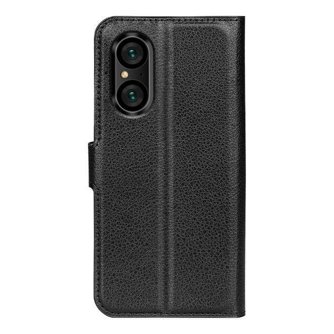 Sony Xperia 5 V Handy Hülle - Litchi Leder Bookcover Series - schwarz