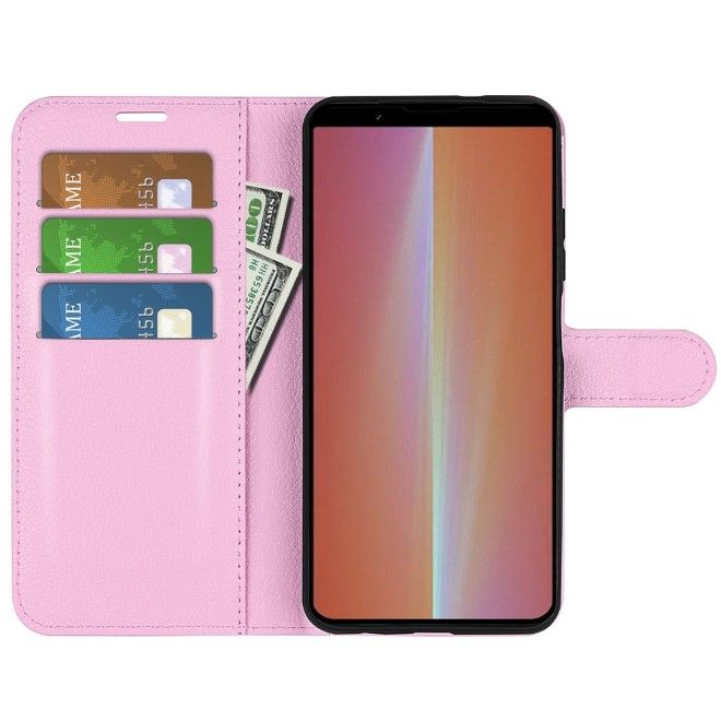 Sony Xperia 5 V Handy Hülle - Litchi Leder Bookcover Series - rosa