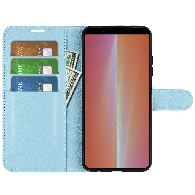 Sony Xperia 5 V Handy Hülle - Litchi Leder Bookcover Series - blau