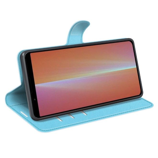 Sony Xperia 5 V Handy Hülle - Litchi Leder Bookcover Series - blau