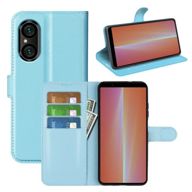 Sony Xperia 5 V Handy Hülle - Litchi Leder Bookcover Series - blau