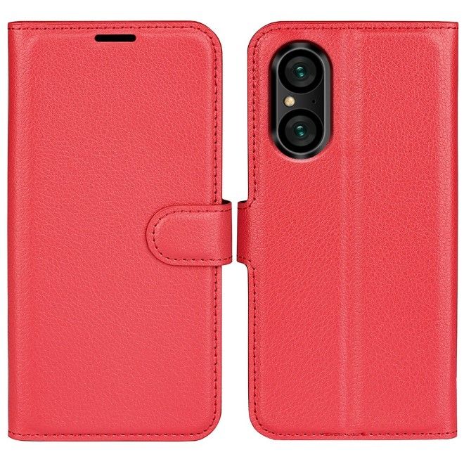 Sony Xperia 5 V Handy Hülle - Litchi Leder Bookcover Series - rot