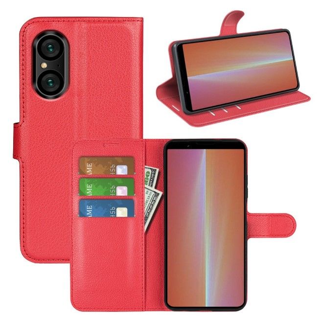 Sony Xperia 5 V Handy Hülle - Litchi Leder Bookcover Series - rot