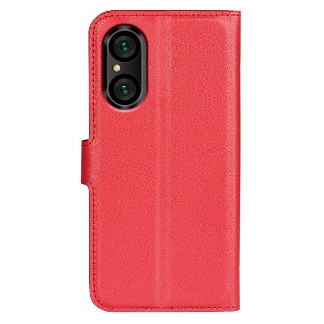 Sony Xperia 5 V Handy Hülle - Litchi Leder Bookcover Series - rot