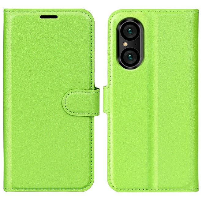 Sony Xperia 5 V Handy Hülle - Litchi Leder Bookcover Series - grün