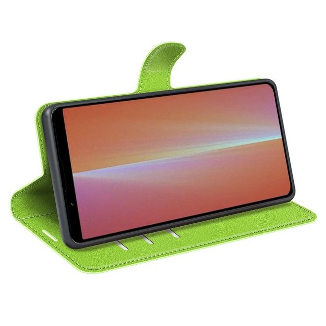 Sony Xperia 5 V Handy Hülle - Litchi Leder Bookcover Series - grün