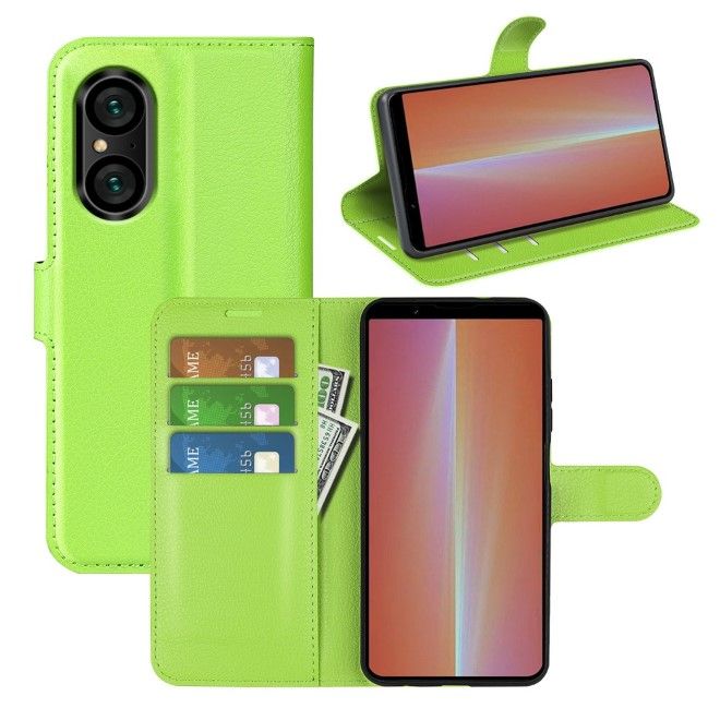 Sony Xperia 5 V Handy Hülle - Litchi Leder Bookcover Series - grün