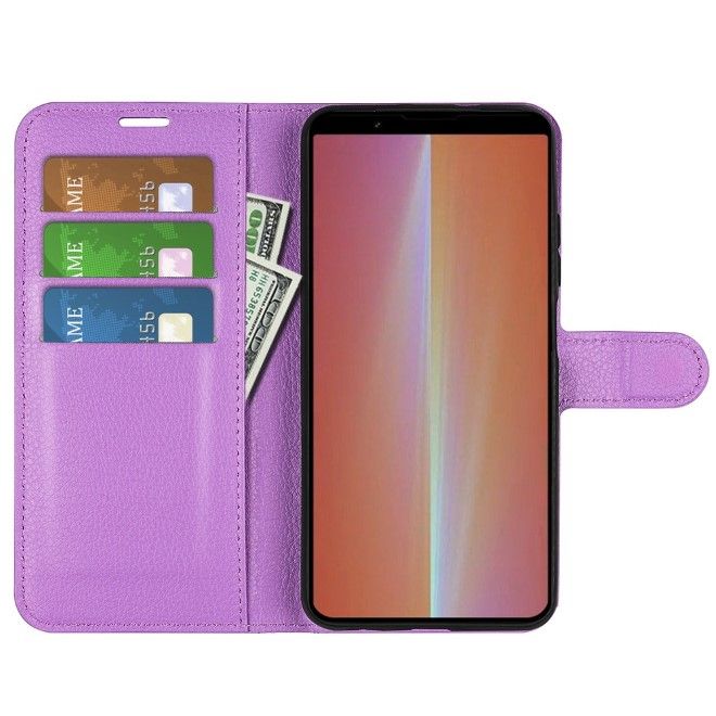 Sony Xperia 5 V Handy Hülle - Litchi Leder Bookcover Series - purpur