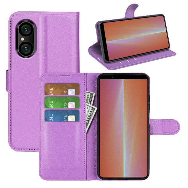 Sony Xperia 5 V Handy Hülle - Litchi Leder Bookcover Series - purpur